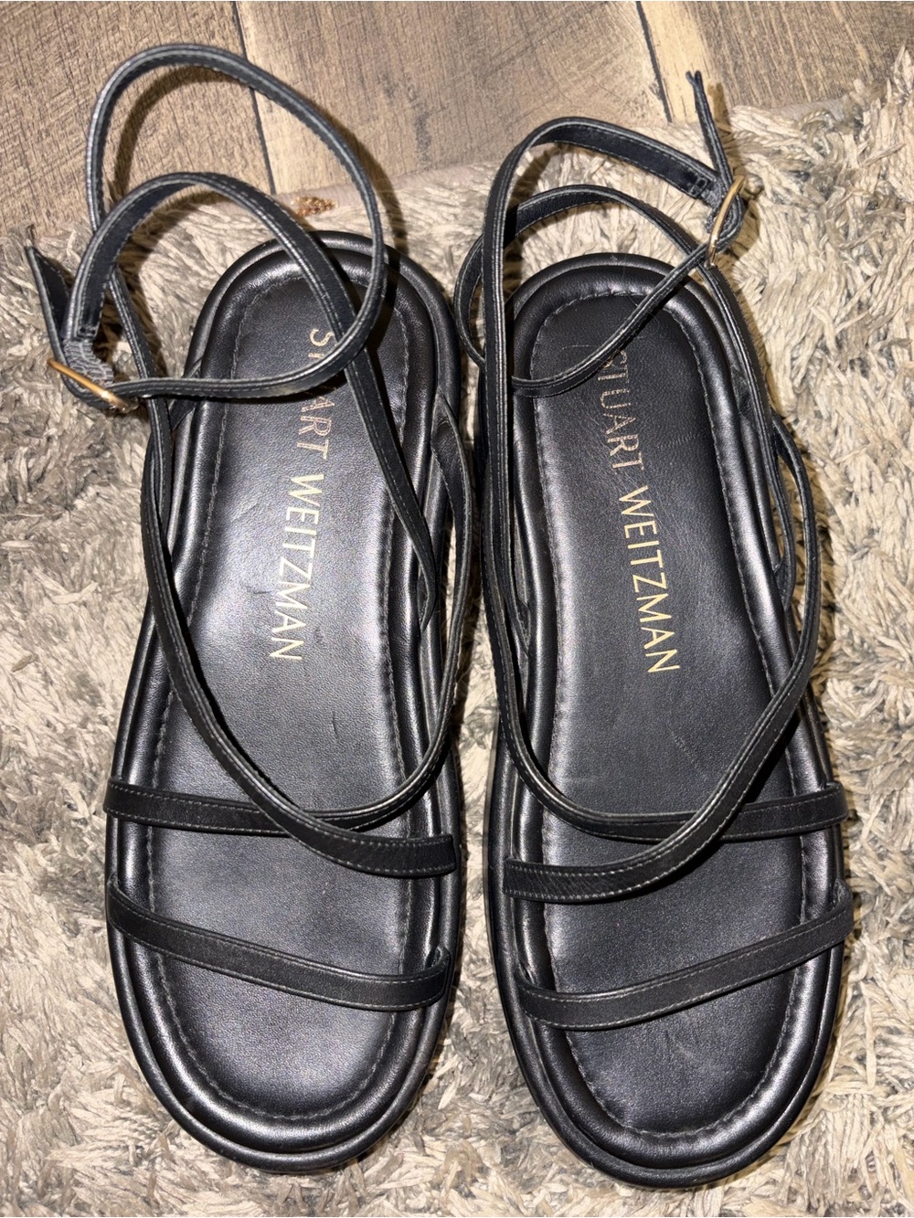Stuart Weitzman Black Leather Strappy Ankle-Tie Sandals